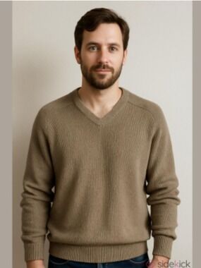 Vintage Ingo Canada Men's V-Neck Ribbed Sweater Wool in Taupe XL